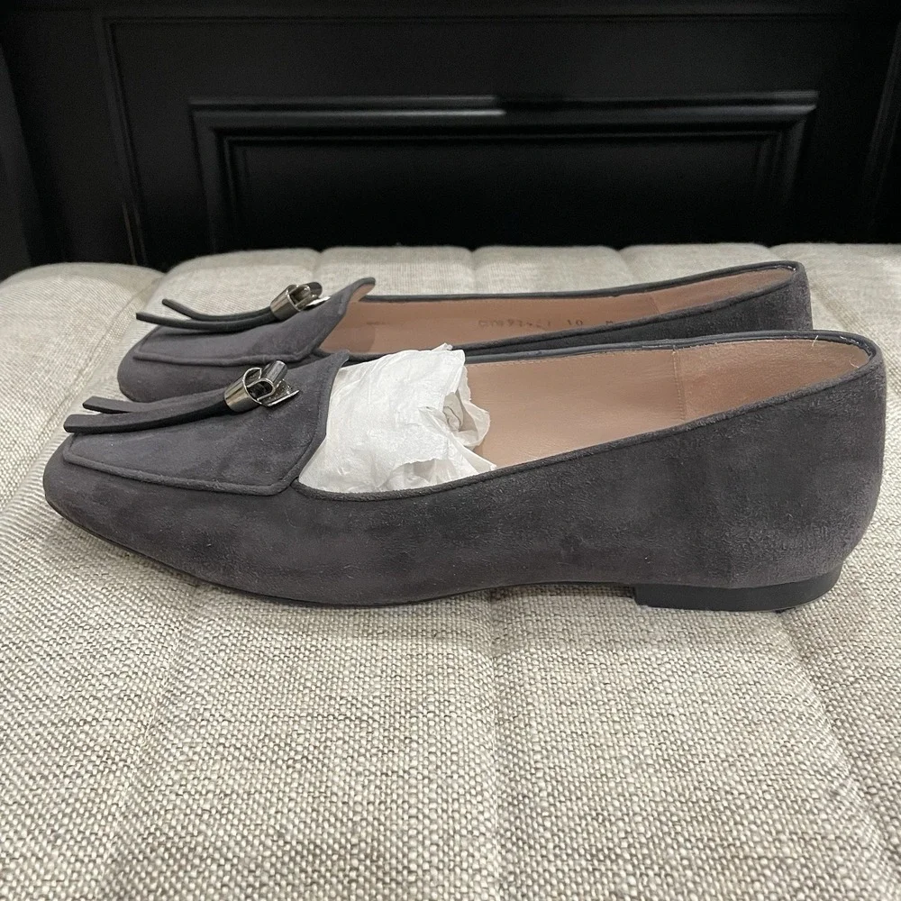 Stuart Weitzman 10M Women's Asphalt Grey Suede Slipknot Tassel Slip-On‎ Loafers